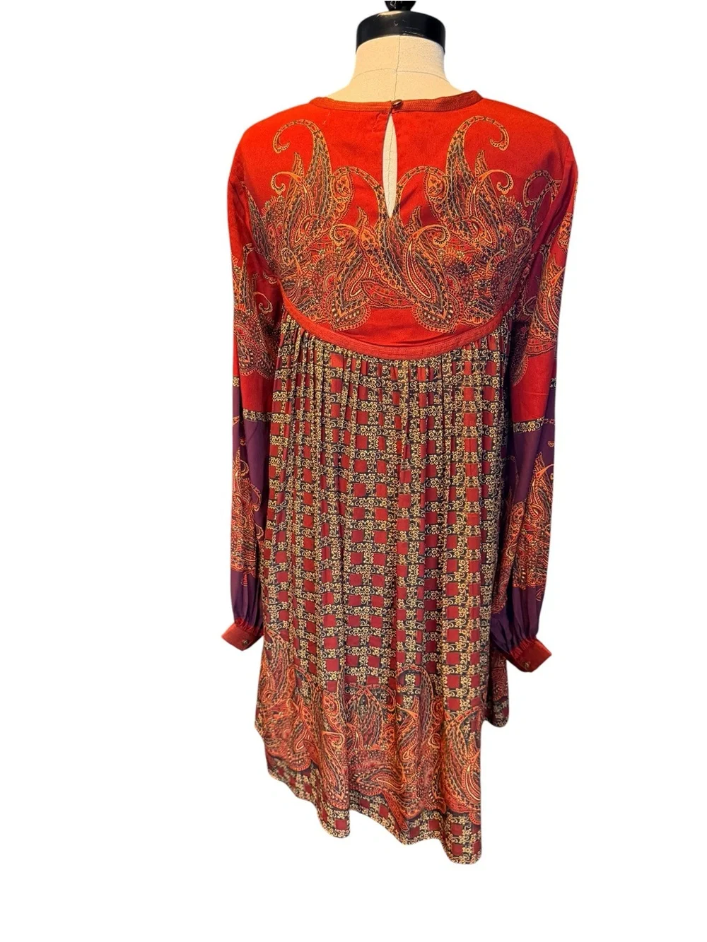 Pinnece Shruti Sancheti Boho Paisley Mixed Print Dress Rust Brown Size Small